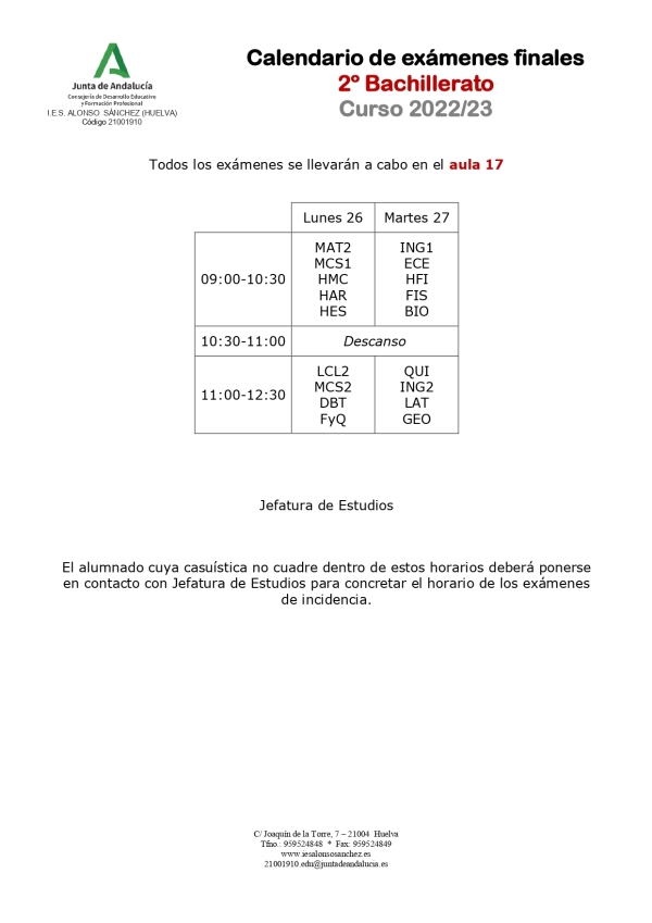 Calendario de examenes 2º Bach (Extraordinaria)