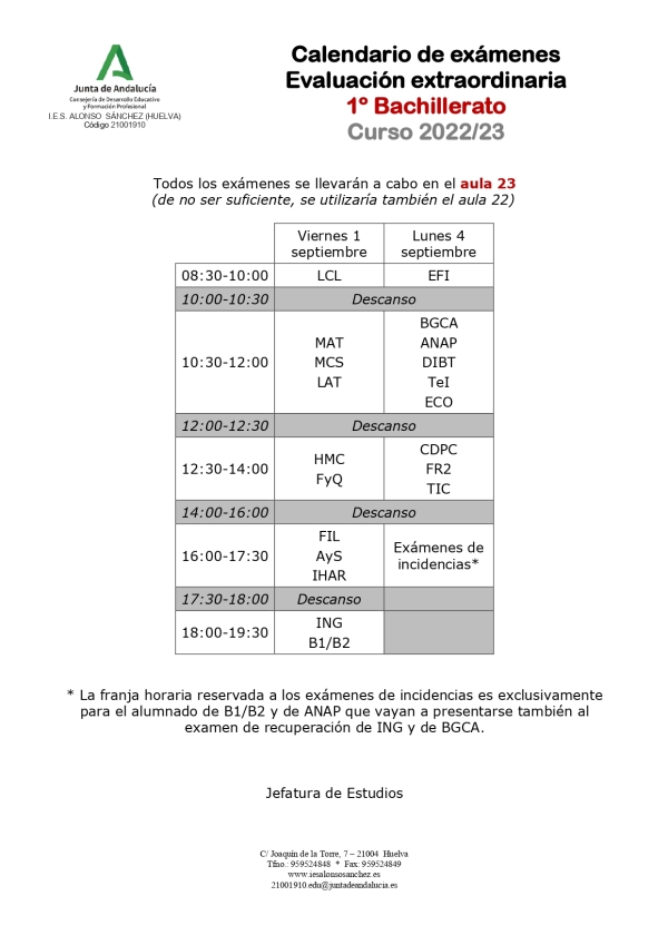 Calendario de examenes de septiembre (1º Bach)