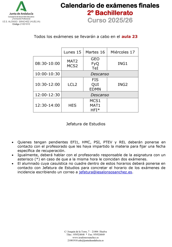 Calendario de examenes finales 2º Bachillerato