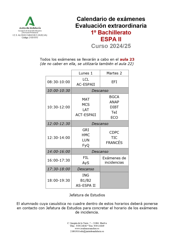 Calendario examenes septiembre 1º Bachillerato y ESPA II