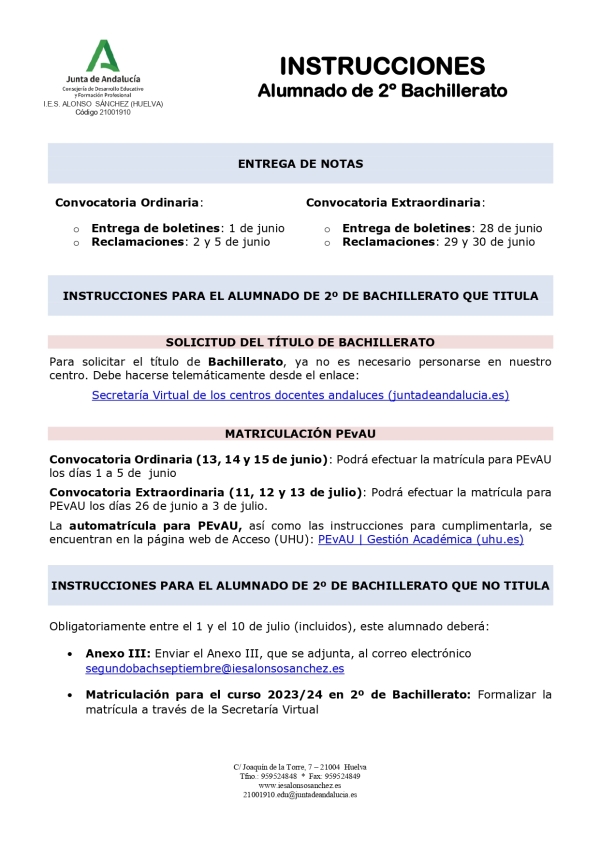 Informacion fin de curso 2º Bachillerato