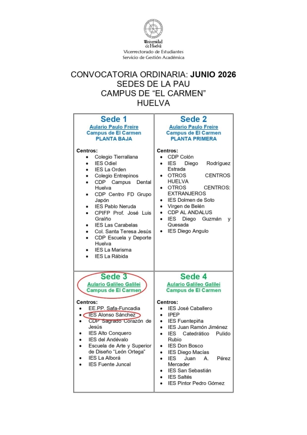Sedes PAU junio 2026
