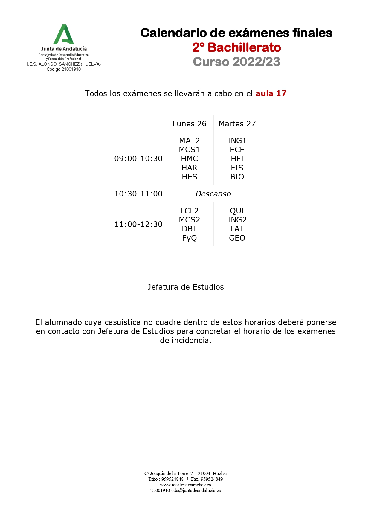 Calendario de examenes 2º Bach (Extraordinaria)