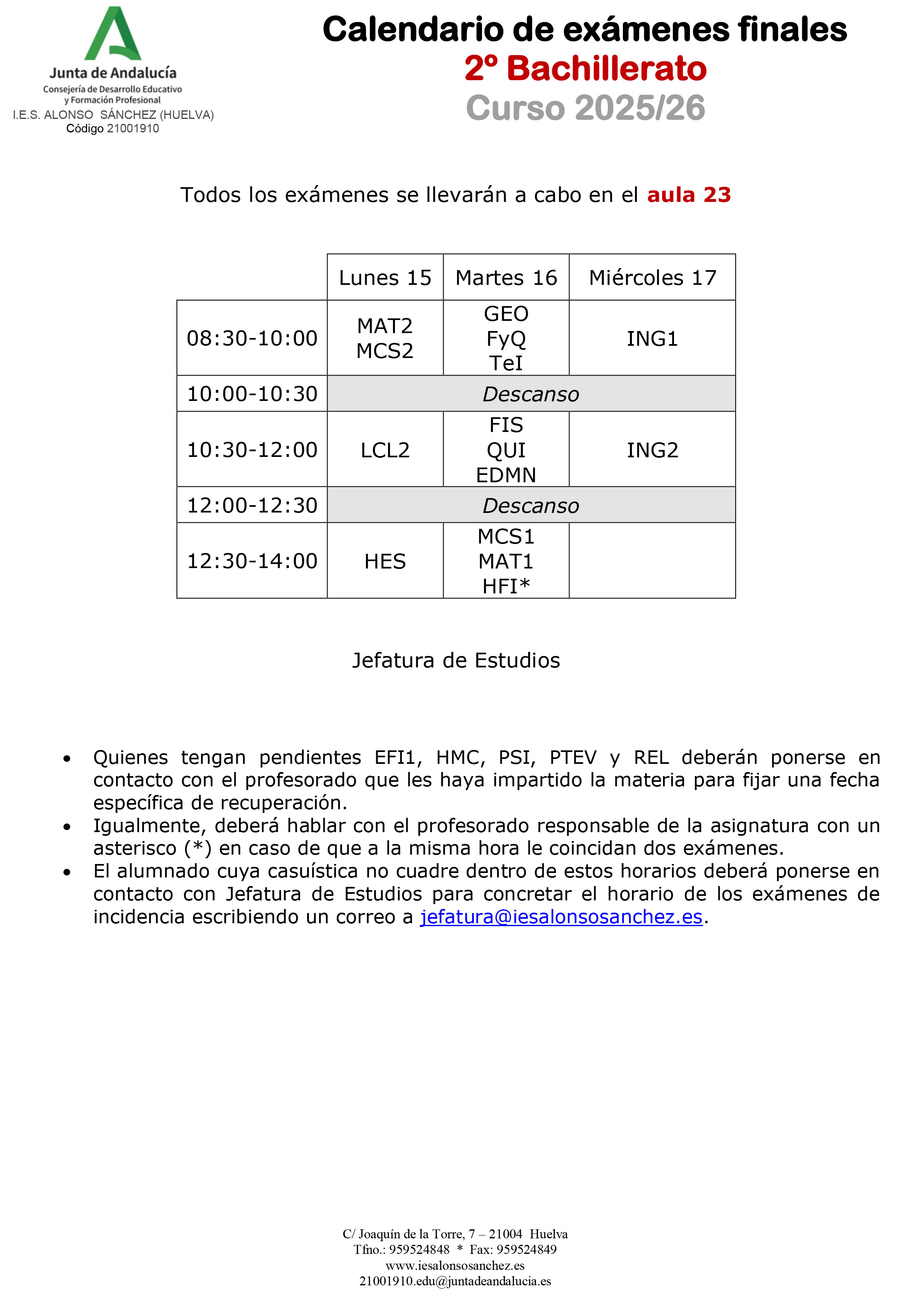 Calendario de examenes finales 2º Bachillerato