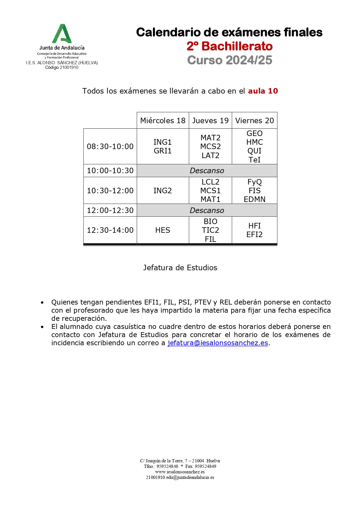 Calendario examenes para la evaluacion Extraordinaria en 2º Bachillerato.
