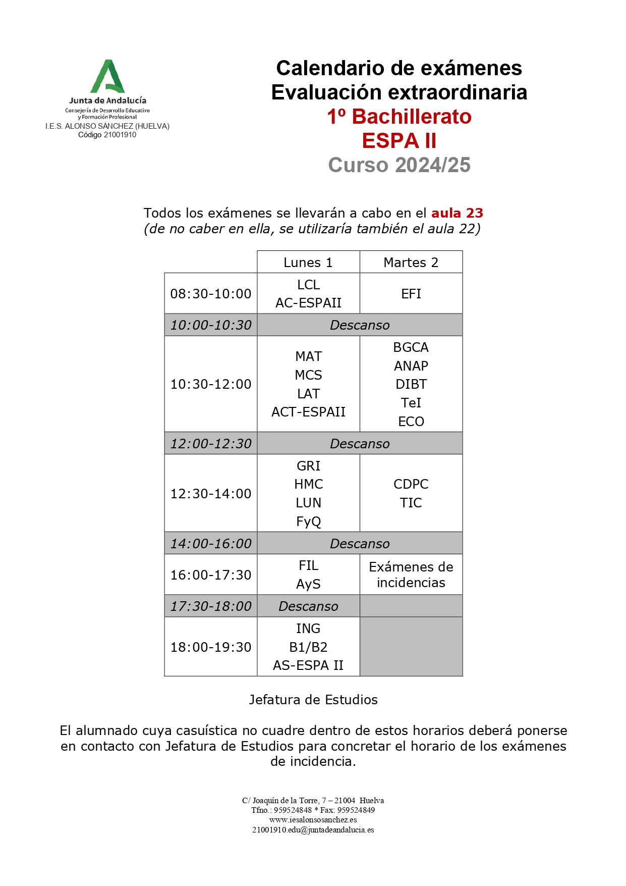 Calendario examenes septiembre 1º Bachillerato y ESPA II