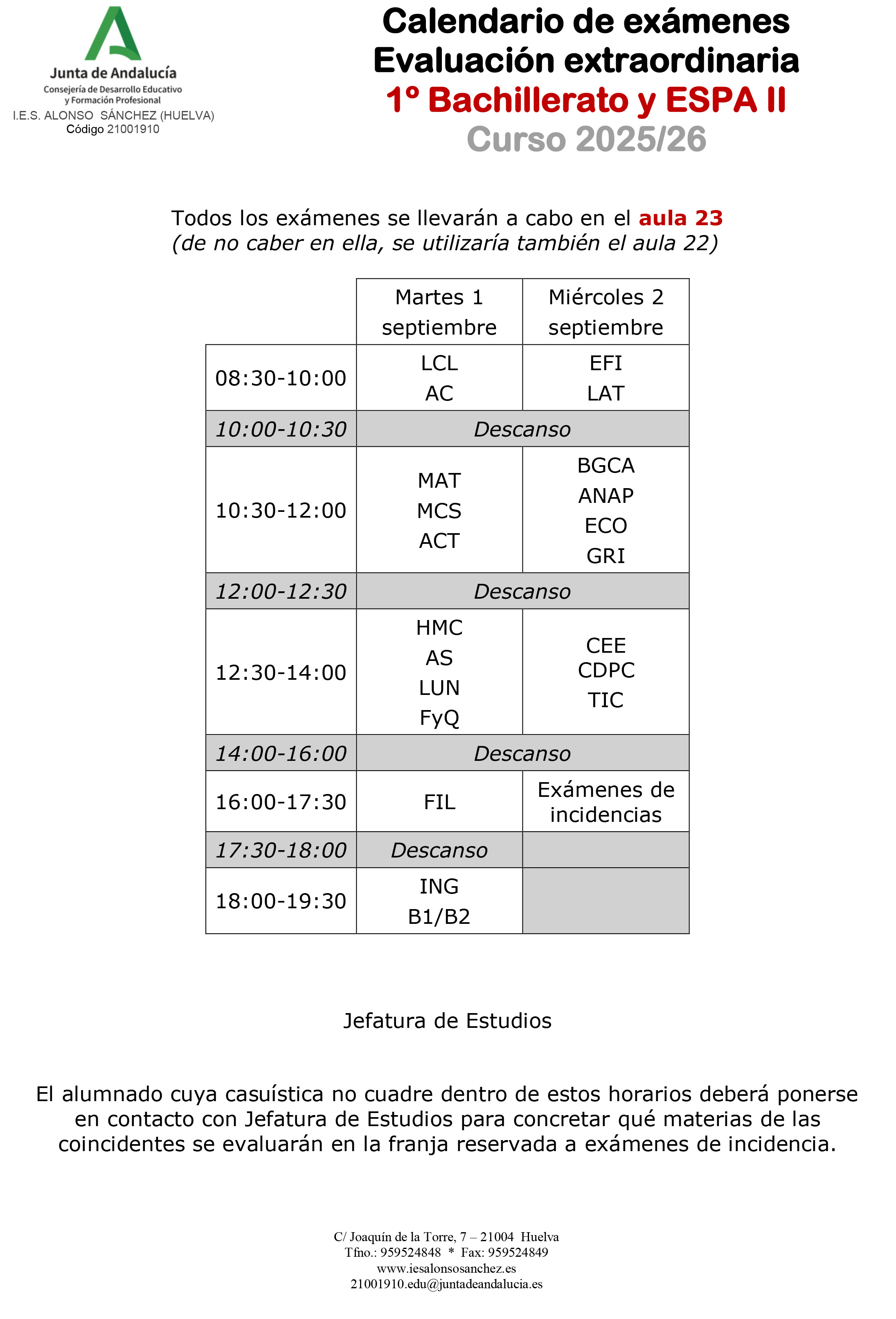 Calendario examenes septiembre 1º Bachillerato y ESPA II