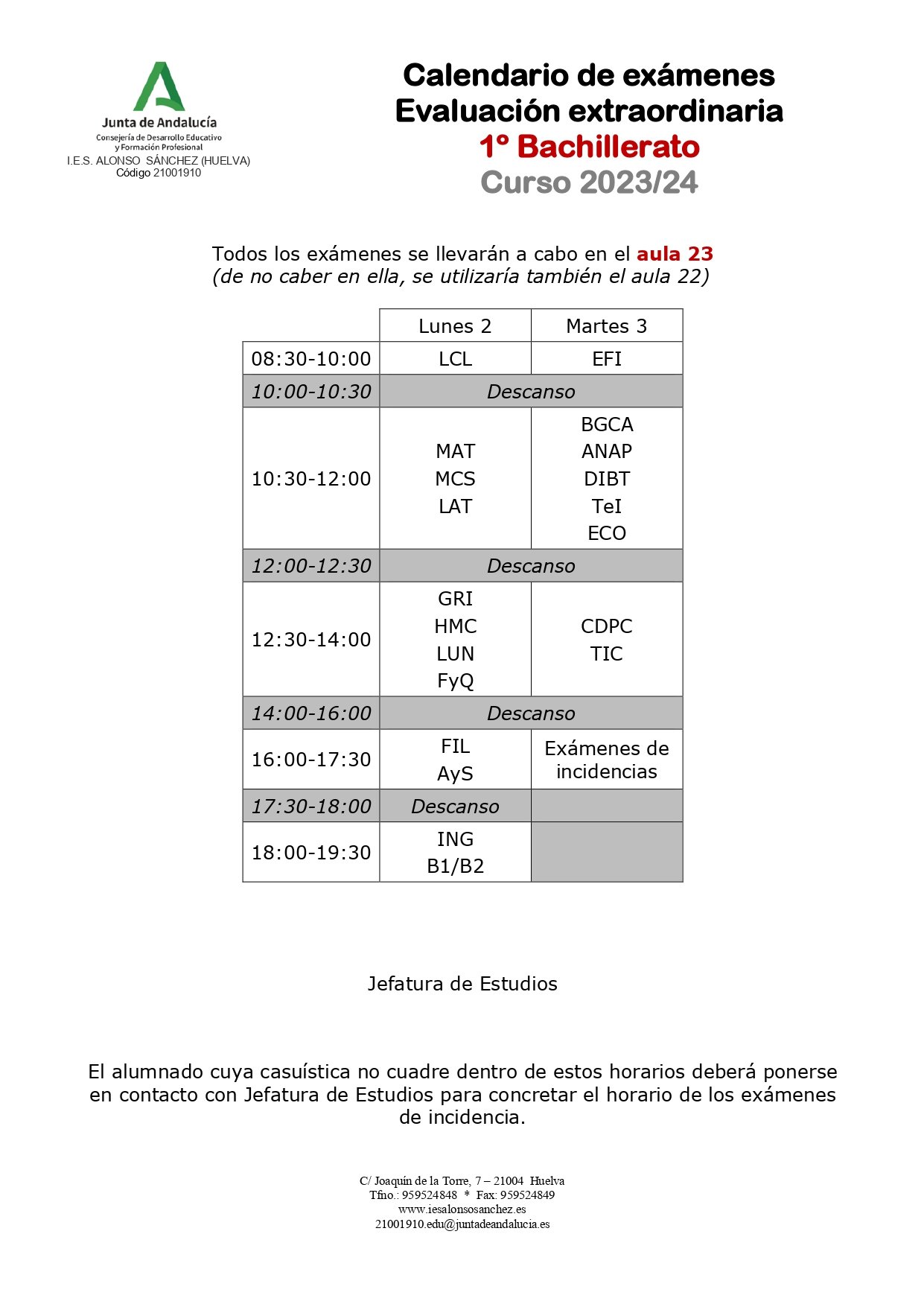 Calendario examenes septiembre 1º Bachillerato