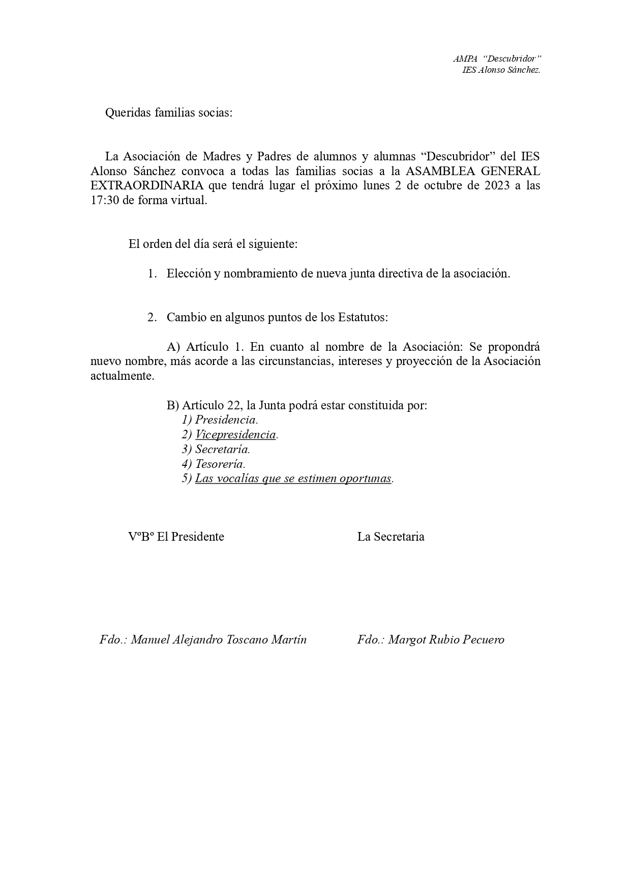 Convocatoria Asamblea General AMPA