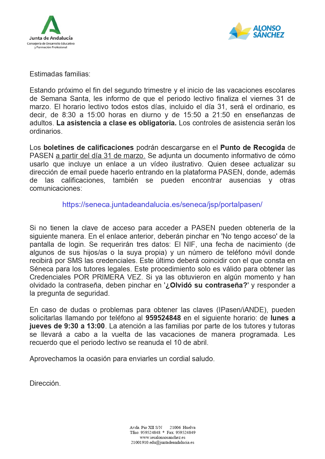 Entrega de boletines 2ª evaluacion
