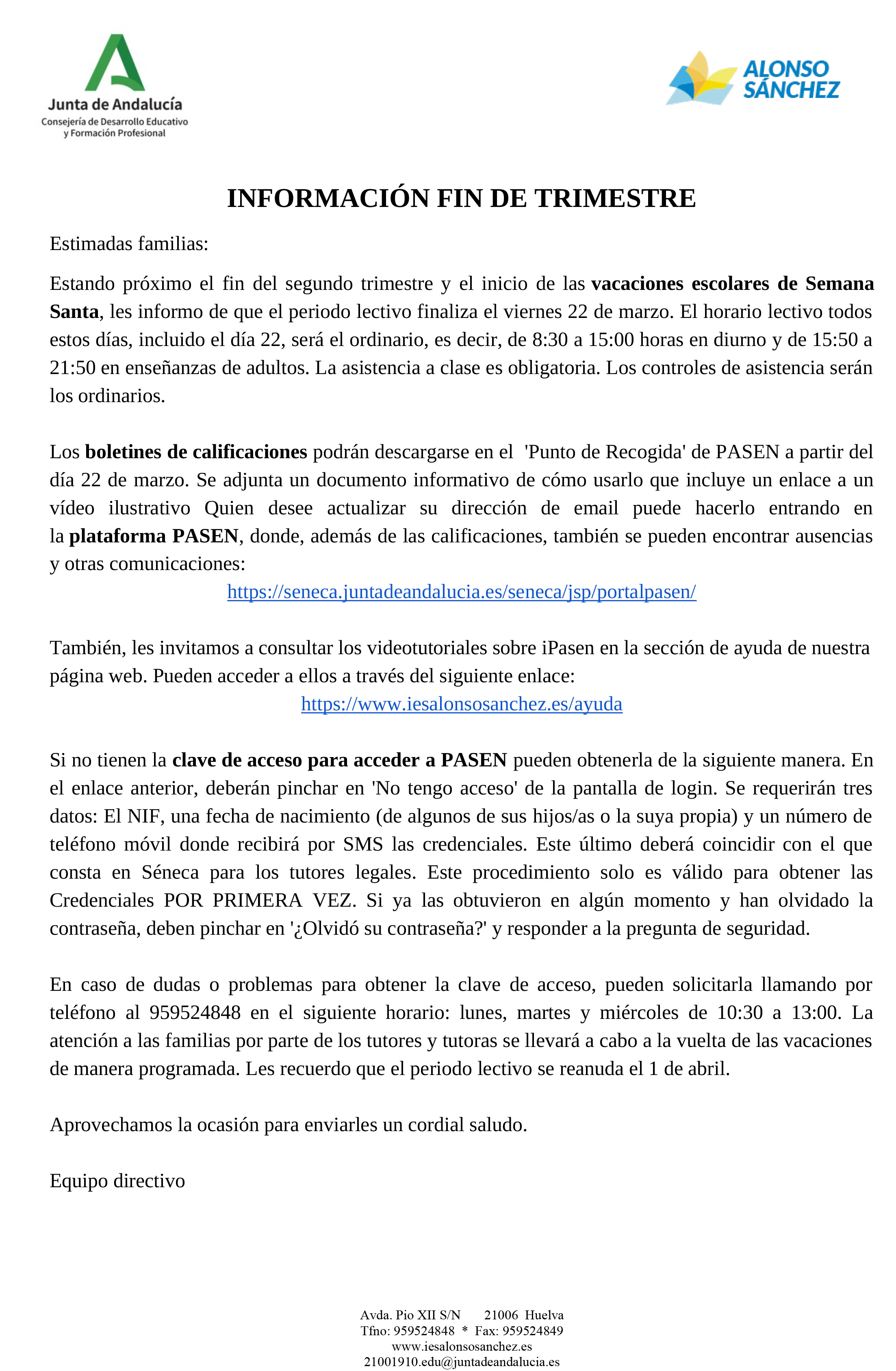 Entrega de boletines 2ª evaluacion