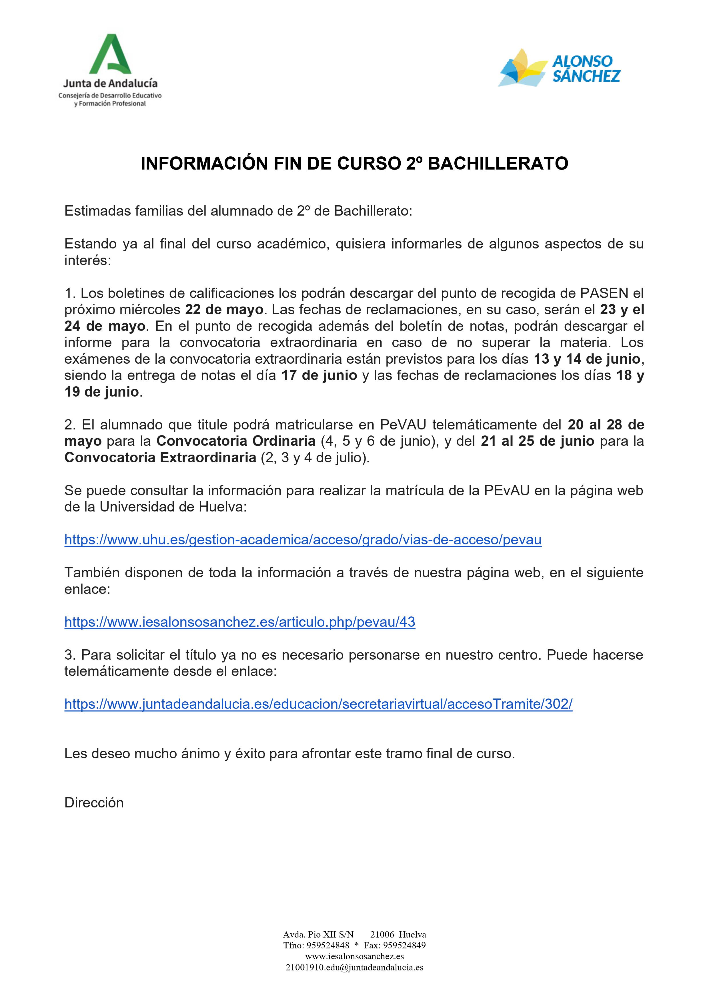 Informacion 2ºBach Fin de curso