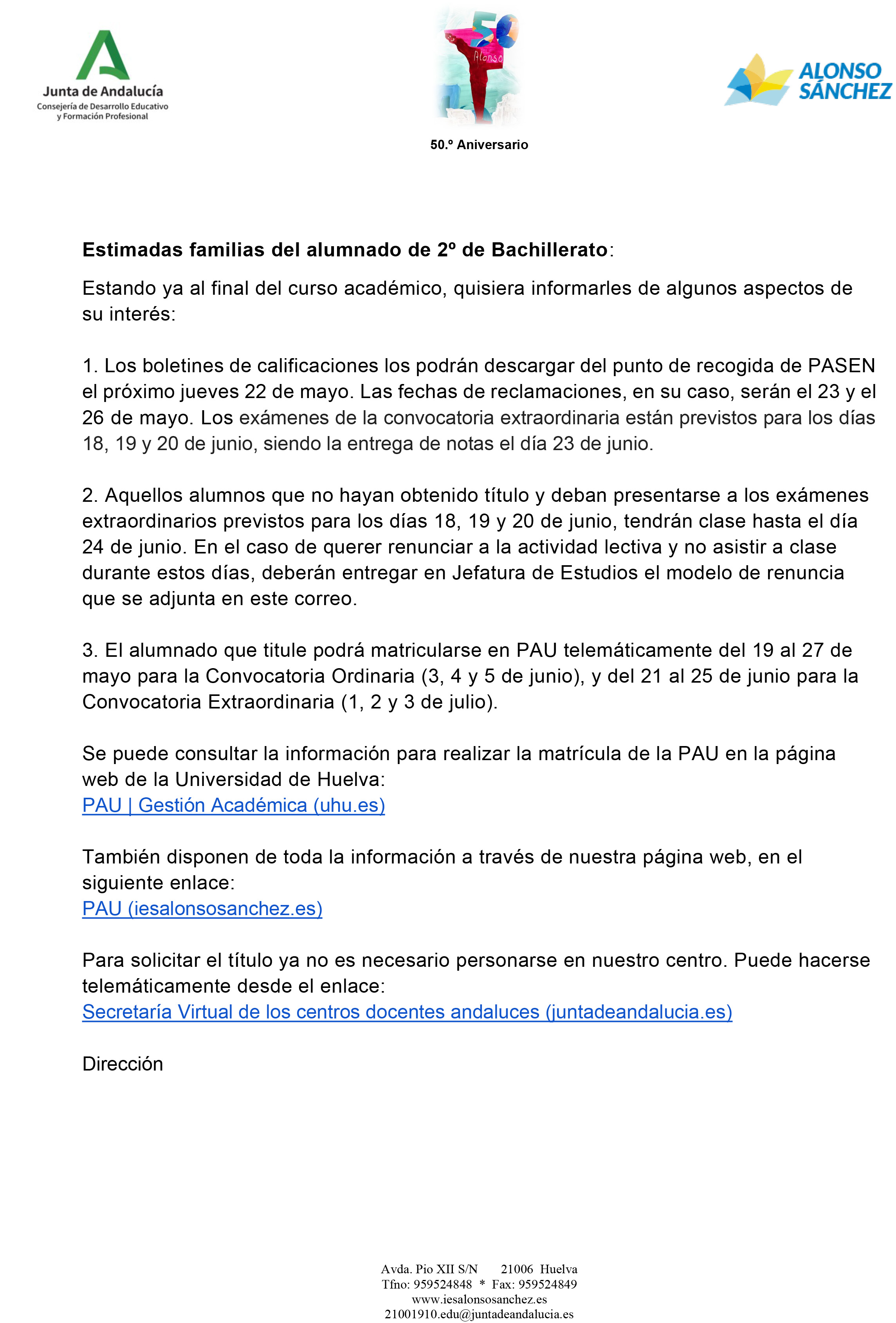 Informacion 2ºBach Fin de curso