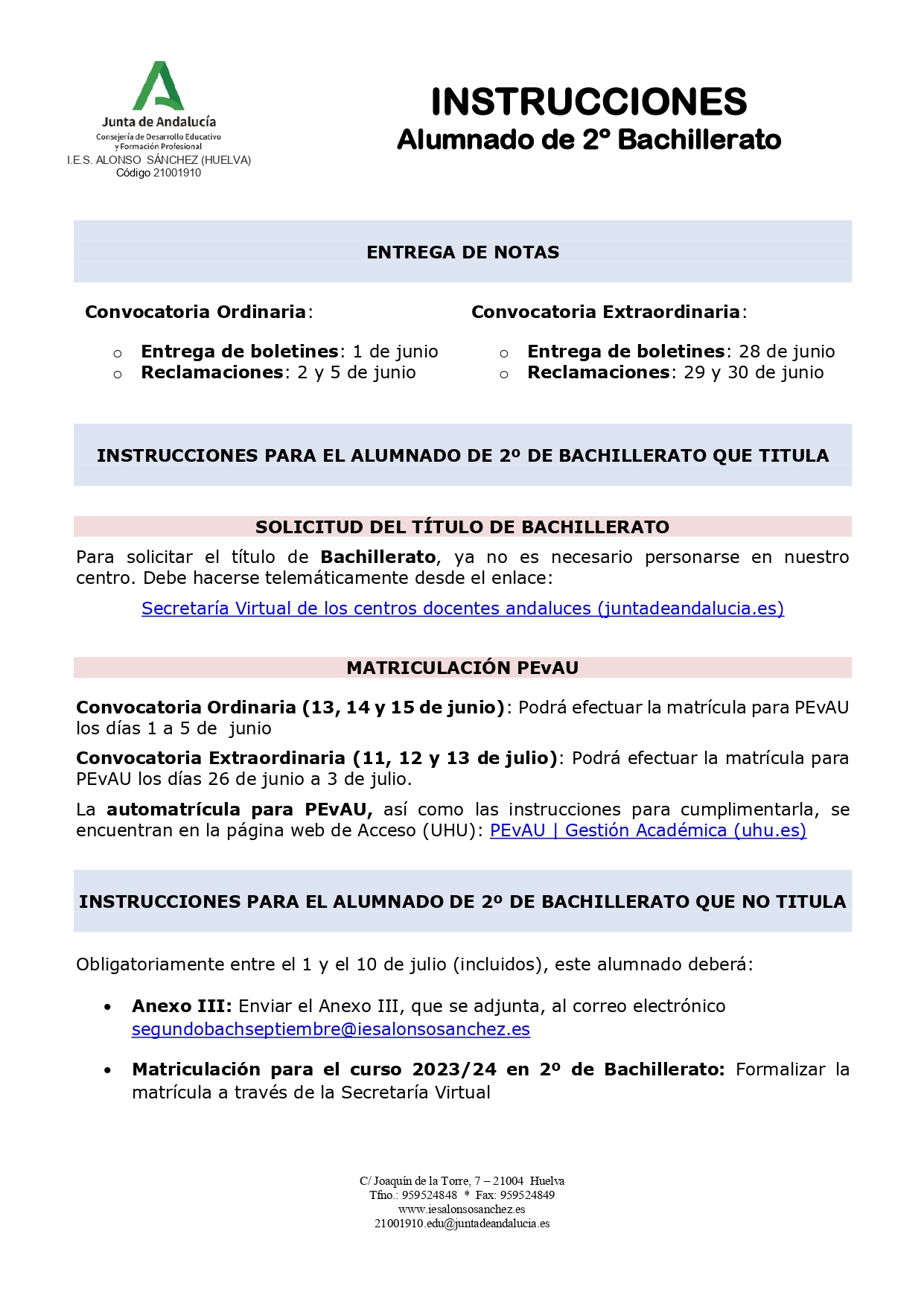 Informacion fin de curso 2º Bachillerato