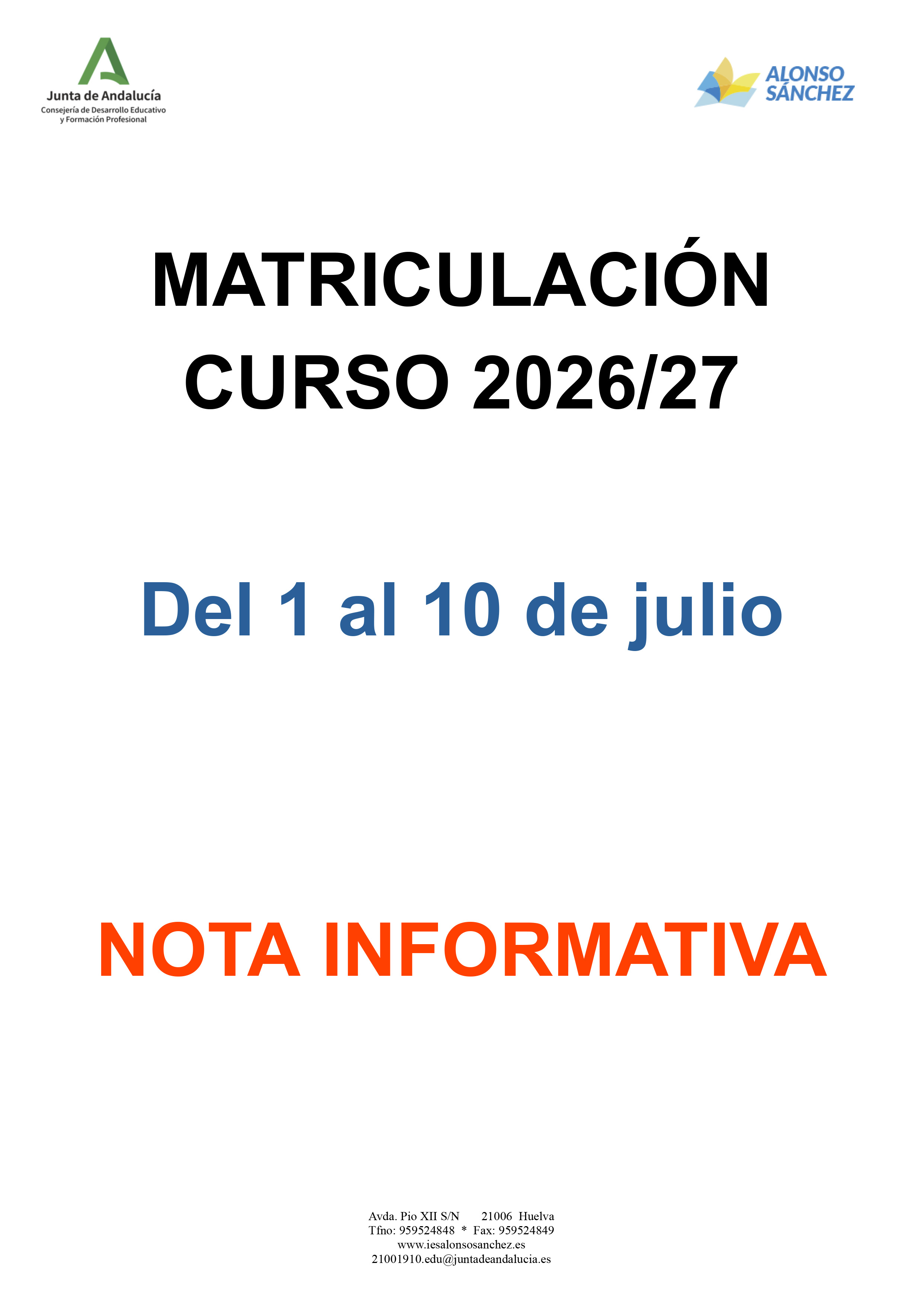 Matriculacion curso 2026/27