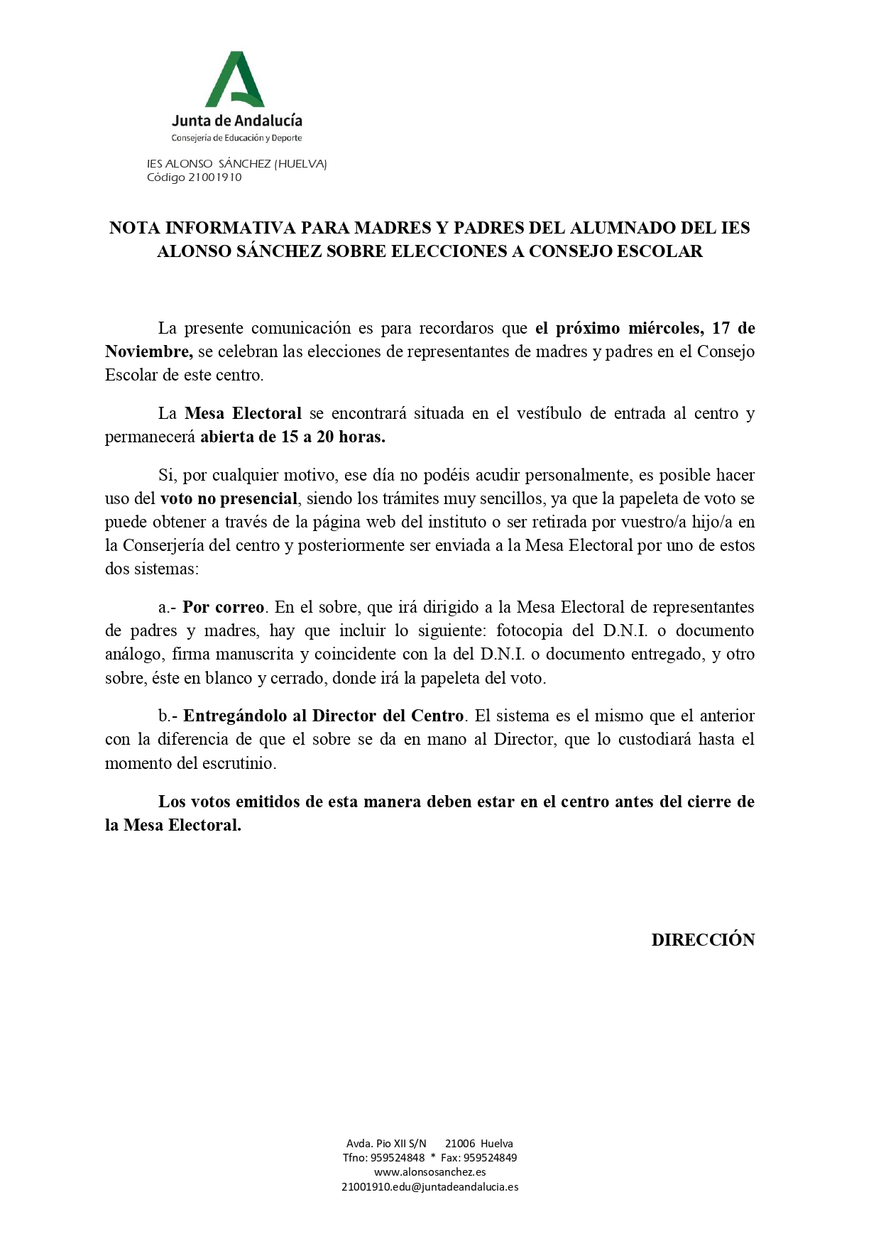 Nota informativa para madres y padres sobre las elecciones al Consejo Escolar