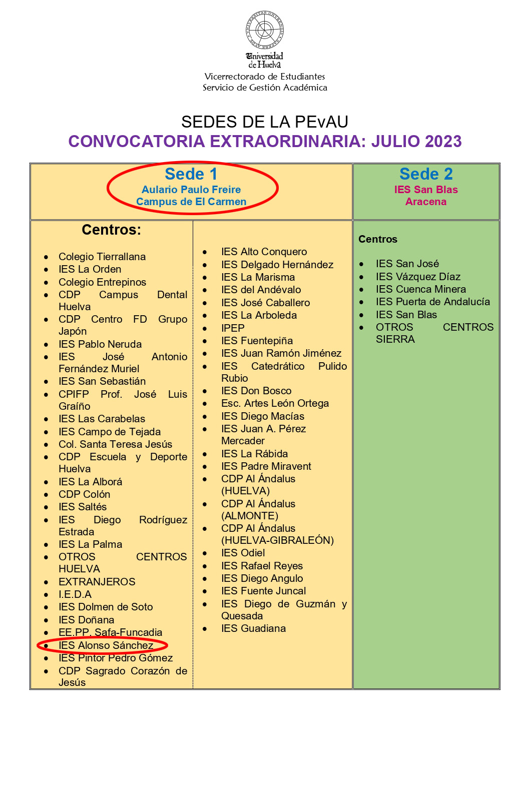 Sedes de la PEvAU JULIO 2023