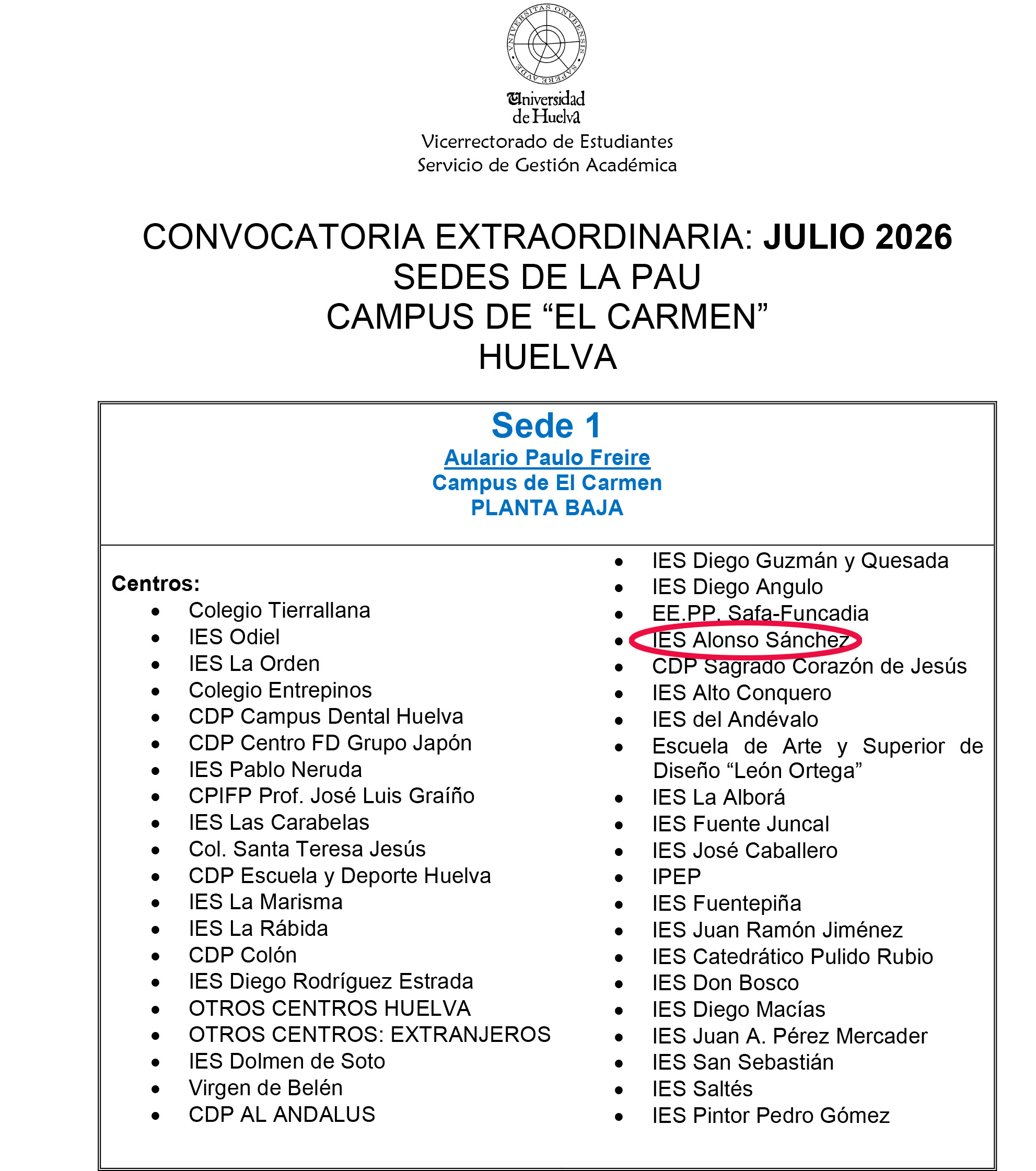 Sedes PAU Julio 2026