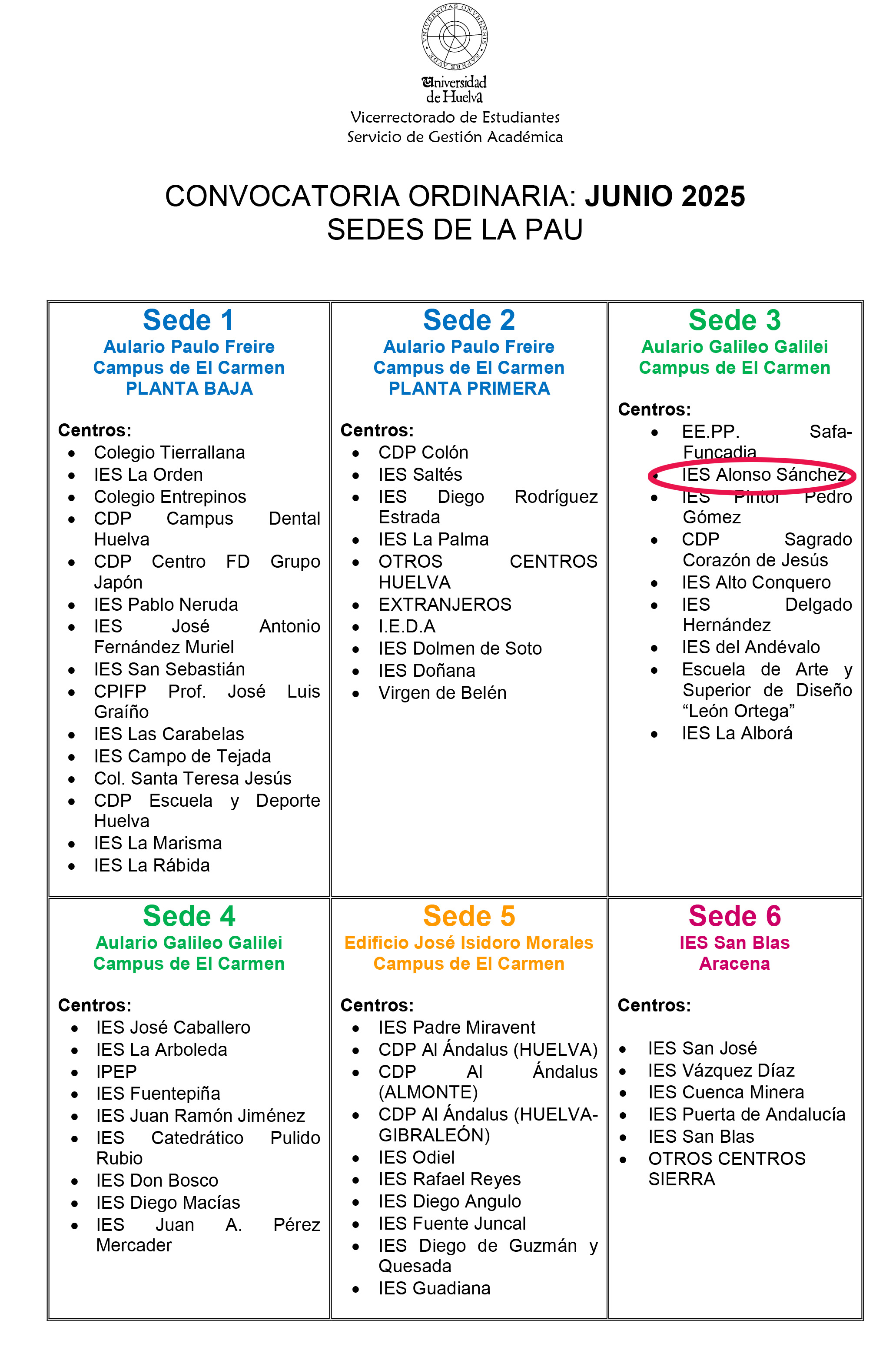 Sedes PAU Junio 2025